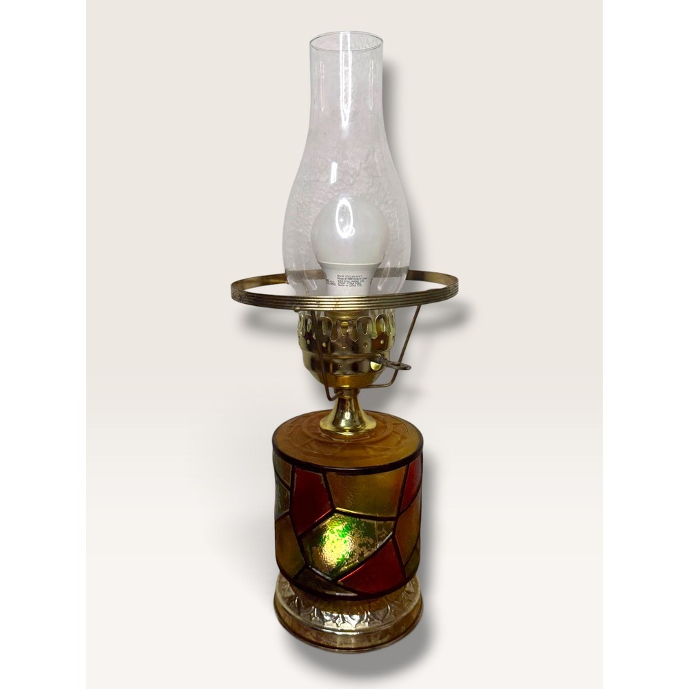 Vintage Faux Stained Glass Lamp Amber Glass Base Electric MCM